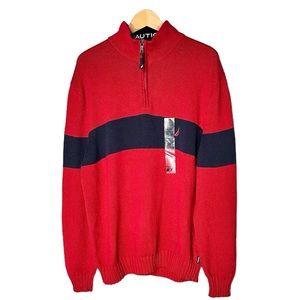 Nautica Mens 1/2 Zip Sweater Knit Pullover Sweater Red & Navy cotton Sz XL